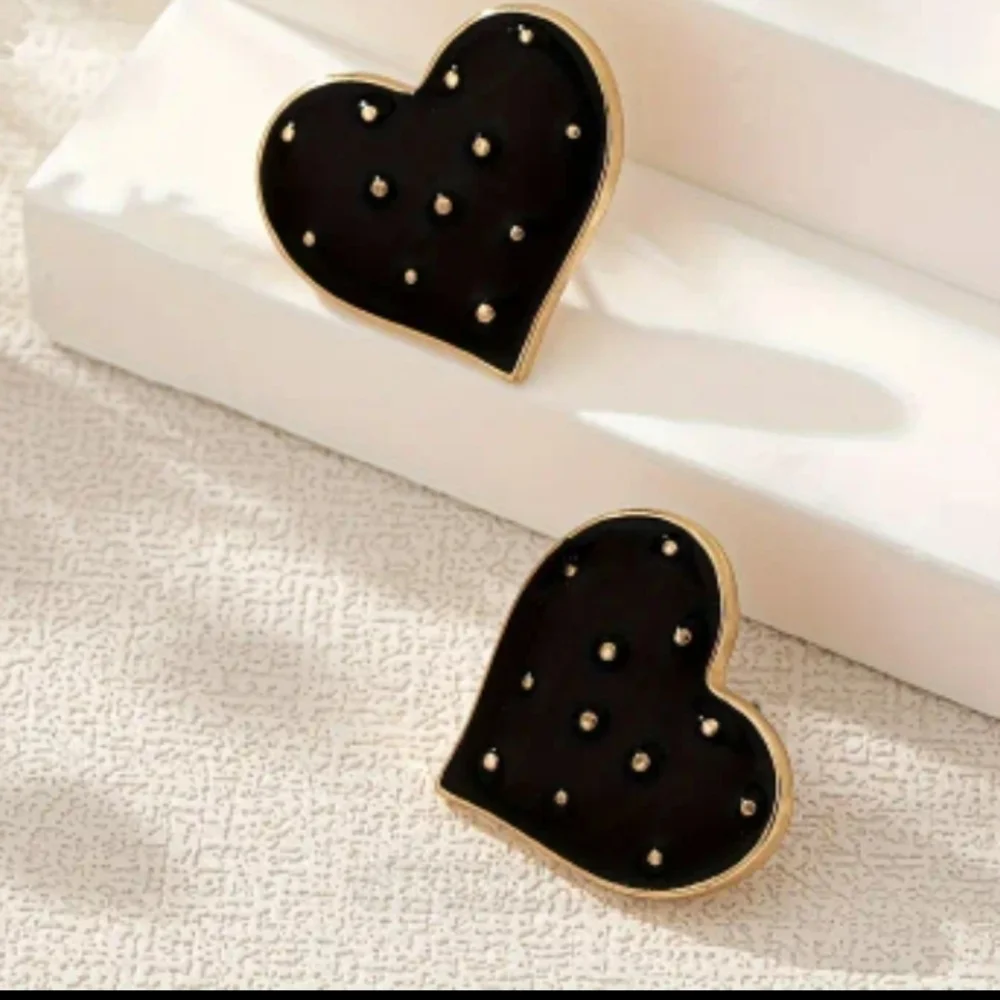 Black Heart With Gold Polkadots Stud Earrings 14k Gold Plated